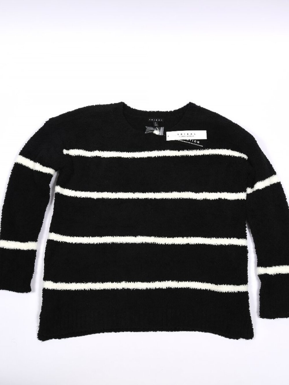 NWT Tribal 2X Black Ivory Stripe Fuzzy Plush Sweater Plus Size